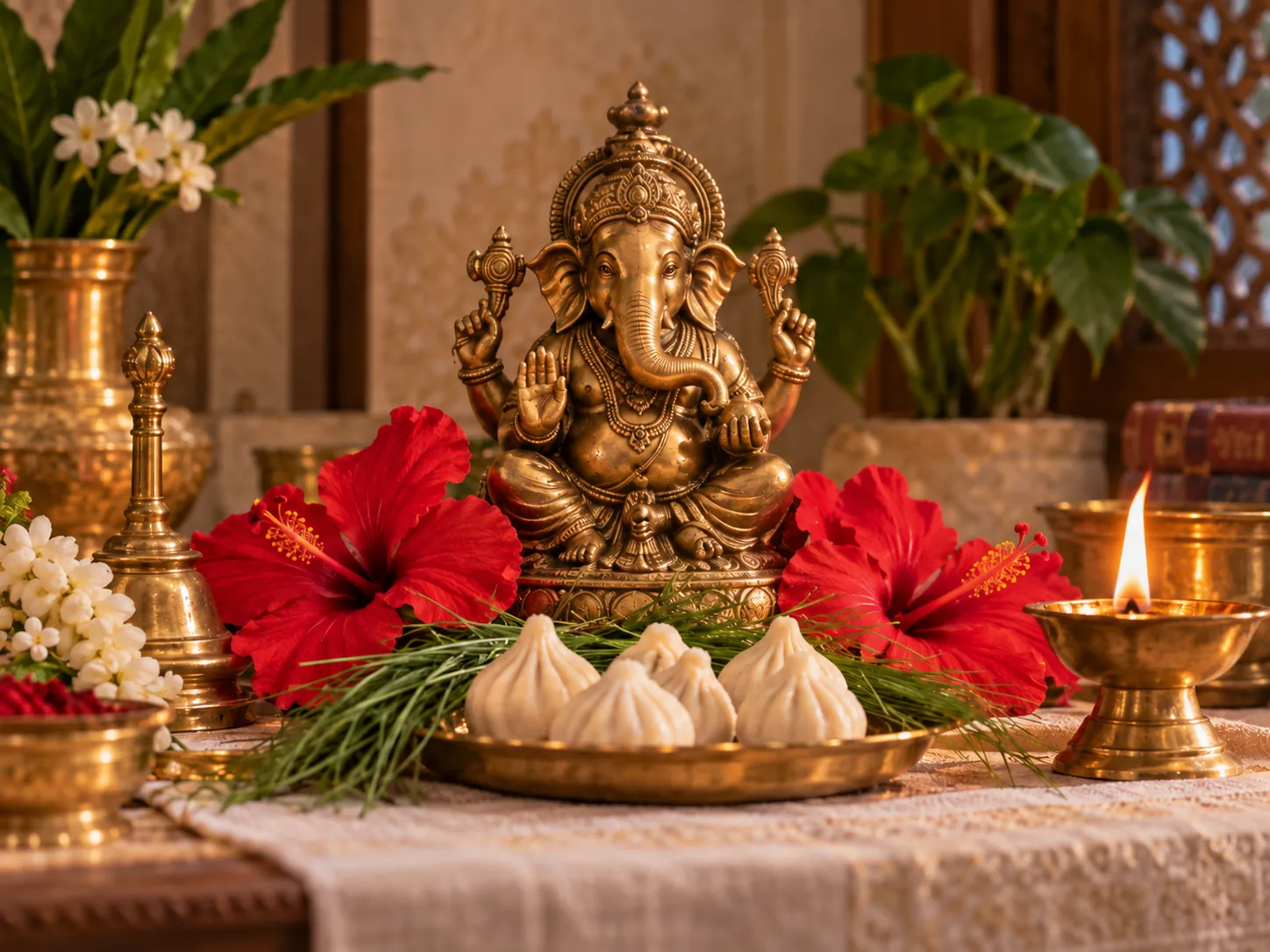 Pooja materials laid out for the sankalp