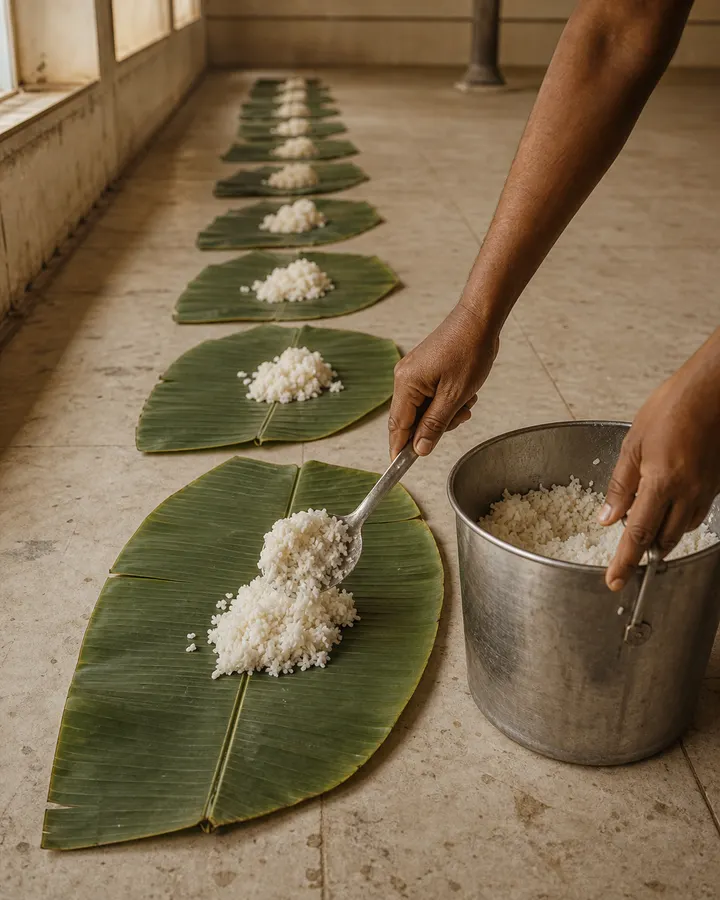 Rice and a vegetable being served onto banana leaves along a temple dining hall floor.