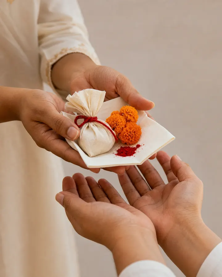 Prasadam wrapped and handed back across the counter.