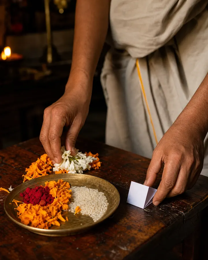 A priest's hands lifting an offering tray at a lamp-lit sanctum doorway.