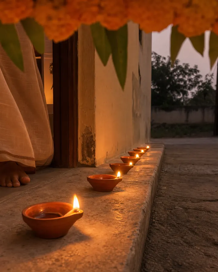 Clay diyas with wicks, a small brass Lakshmi and Ganesh pair, rangoli colours and a red ledger for chopda-pujan.