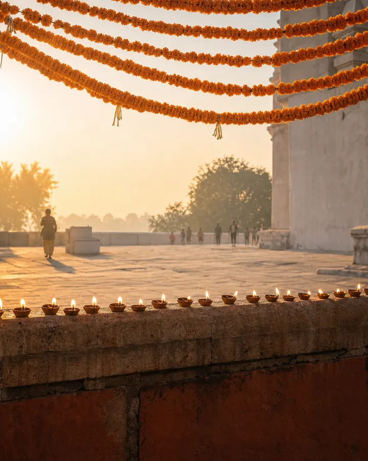 A pale stone temple courtyard dressed for a festival, marigold strings and lamps along the wall.