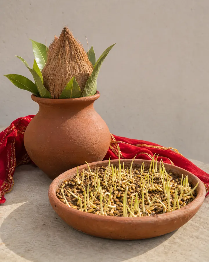 A clay kalash and a wide sowing pan with barley seed and sowing soil, a chunri cloth folded beside them.