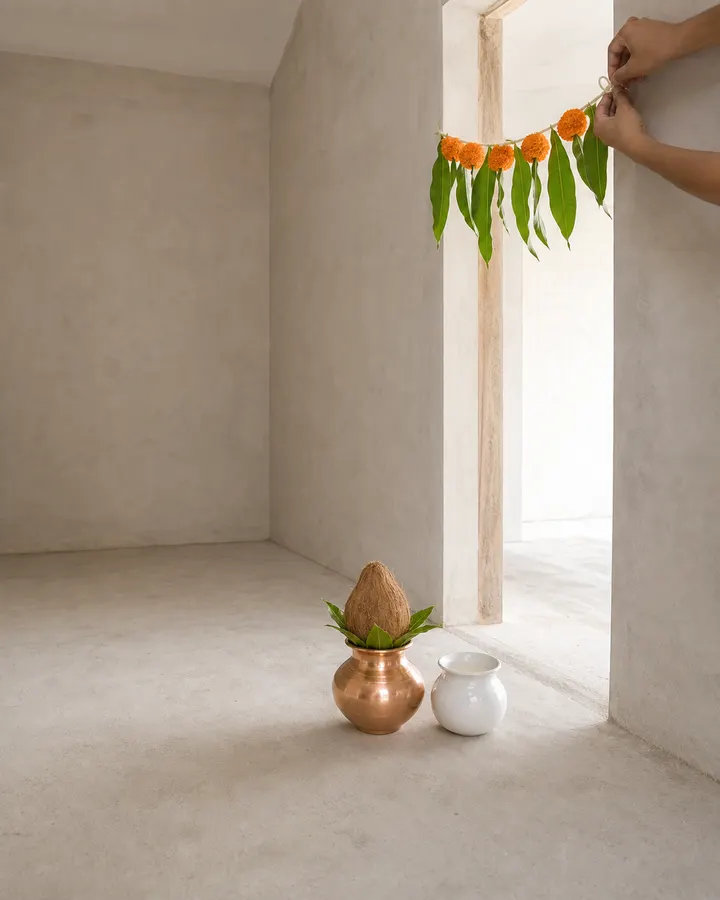 A copper kalash topped with a coconut and mango leaves, beside nine navagraha grain packets and a small clay havan kund.