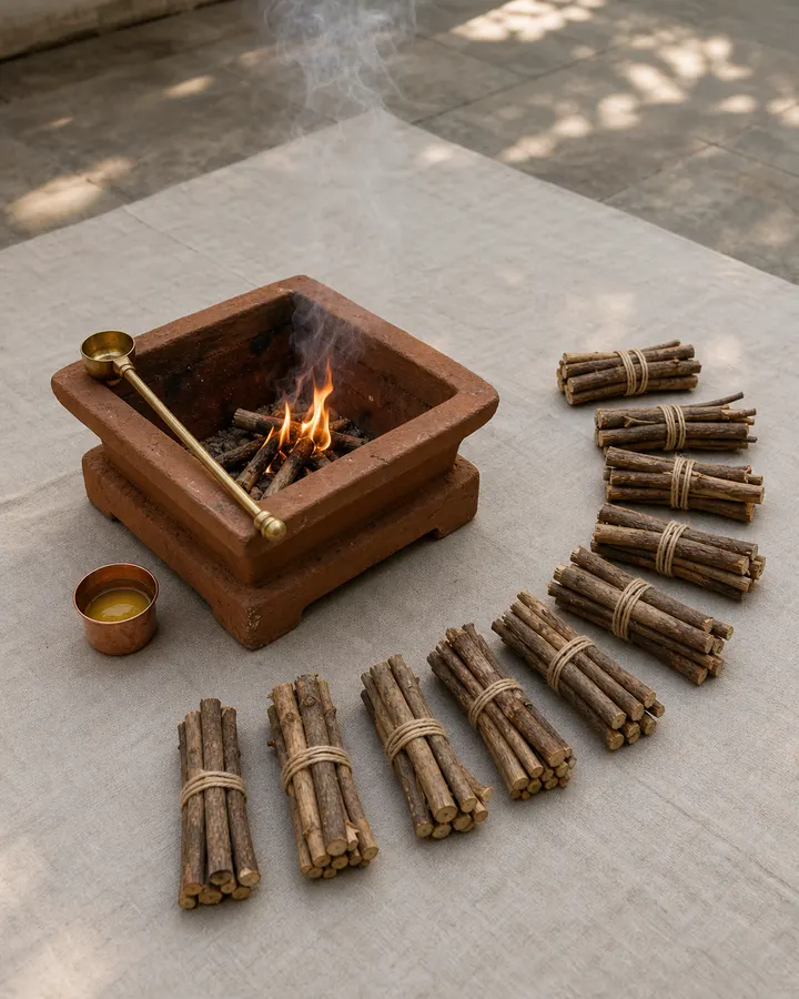 A clay havan kund on its base tray with nine labelled samidha wood bundles, a ghee tin and a sruva ladle.