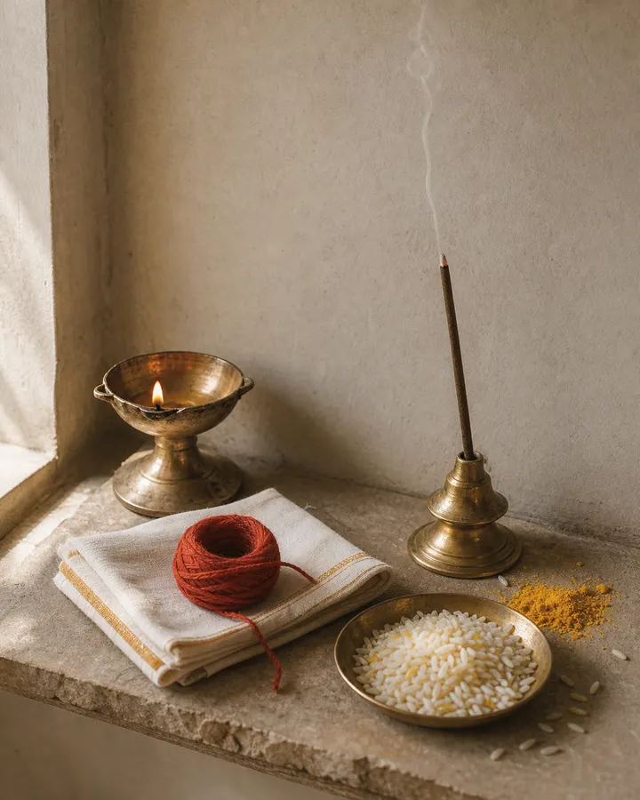 A month of daily puja consumables laid out on cotton — cotton wicks, camphor tablets, roli, haldi, akshat rice and agarbatti.