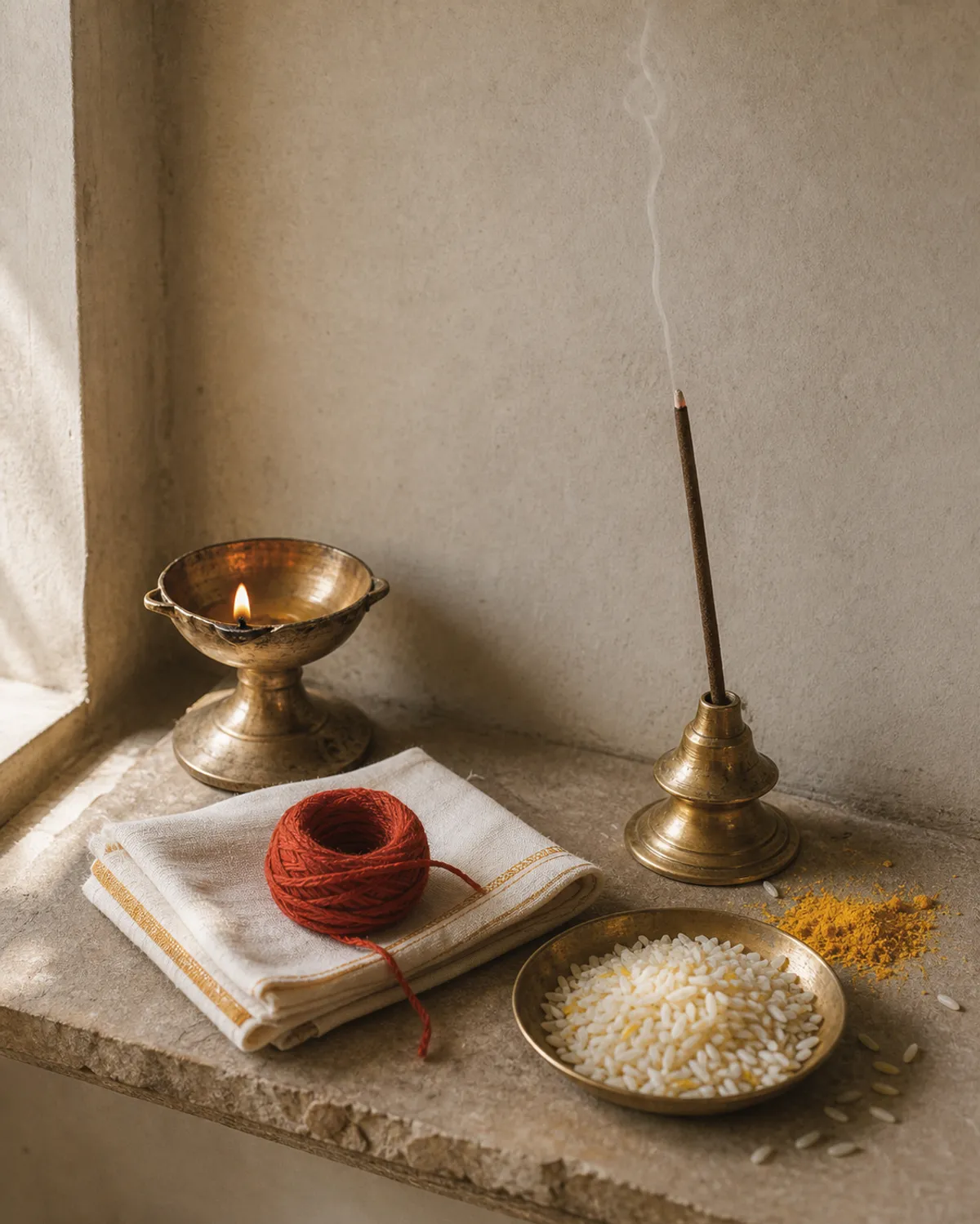 A month of daily puja consumables laid out on cotton — cotton wicks, camphor tablets, roli, haldi, akshat rice and agarbatti.