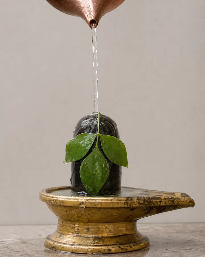 Pre-measured abhishek offerings in marked pouches beside a copper spouted pot and dried bel patra.