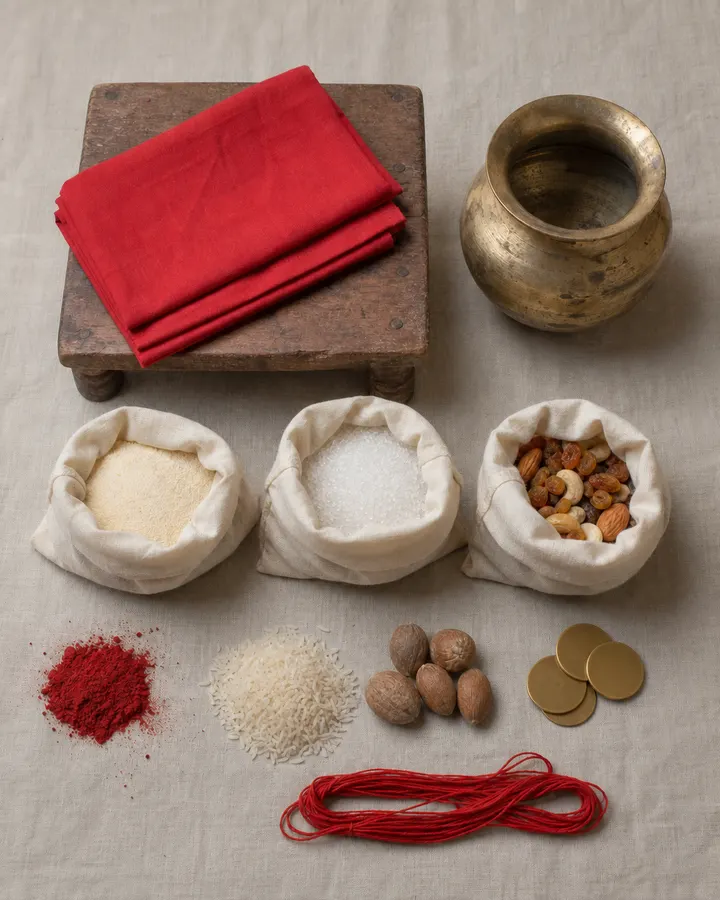 The kit unpacked and laid out flat — chowki, cloth, kalash, panchamrit set, supari and coins, banana leaves and the katha booklet.