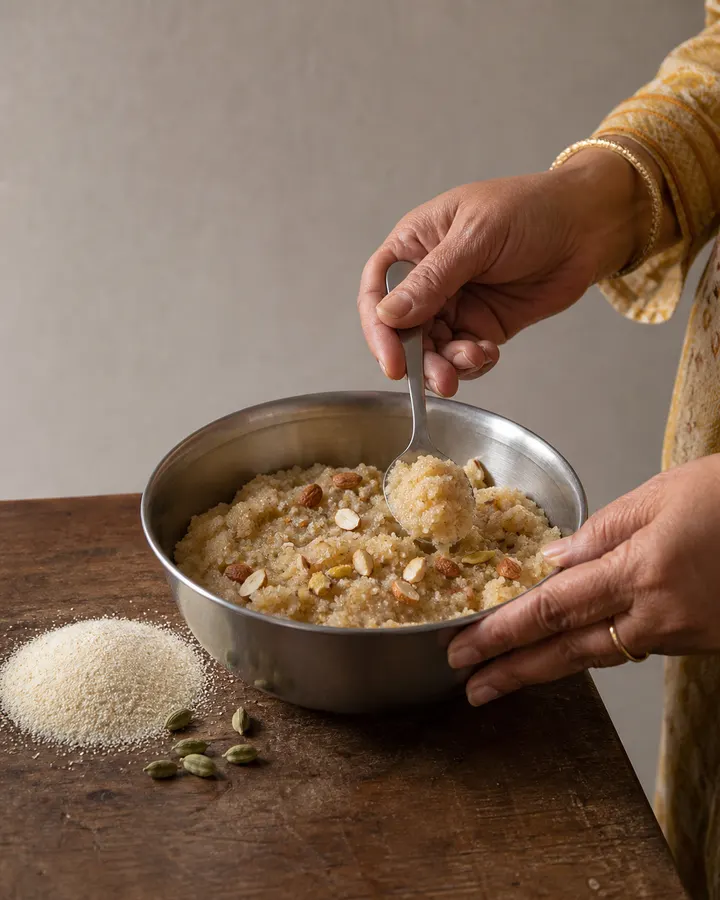 Sinni being made in a pan — sooji, sugar and dry fruit coming together over heat.