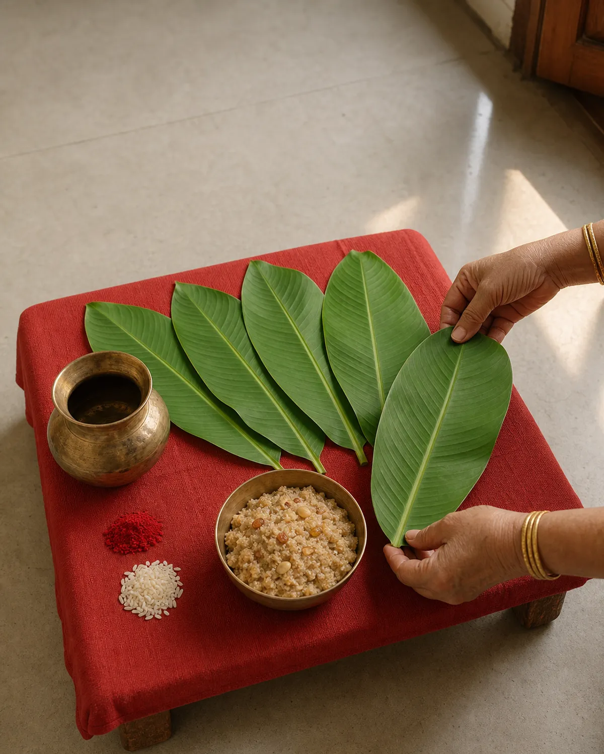 The Satyanarayan katha kit packed and ready — a wooden chowki, red altar cloth, brass kalash and the dry panchamrit set.