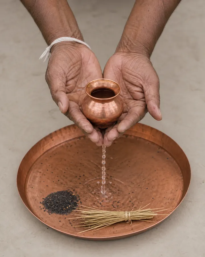 Tarpan items on a plain cloth — black til, barley, a kusha grass bundle, white thread and a small copper vessel.