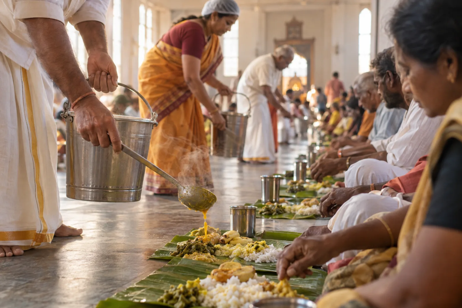 Volunteers serve hot food on banana leaves to people seated in rows at a community kitchen