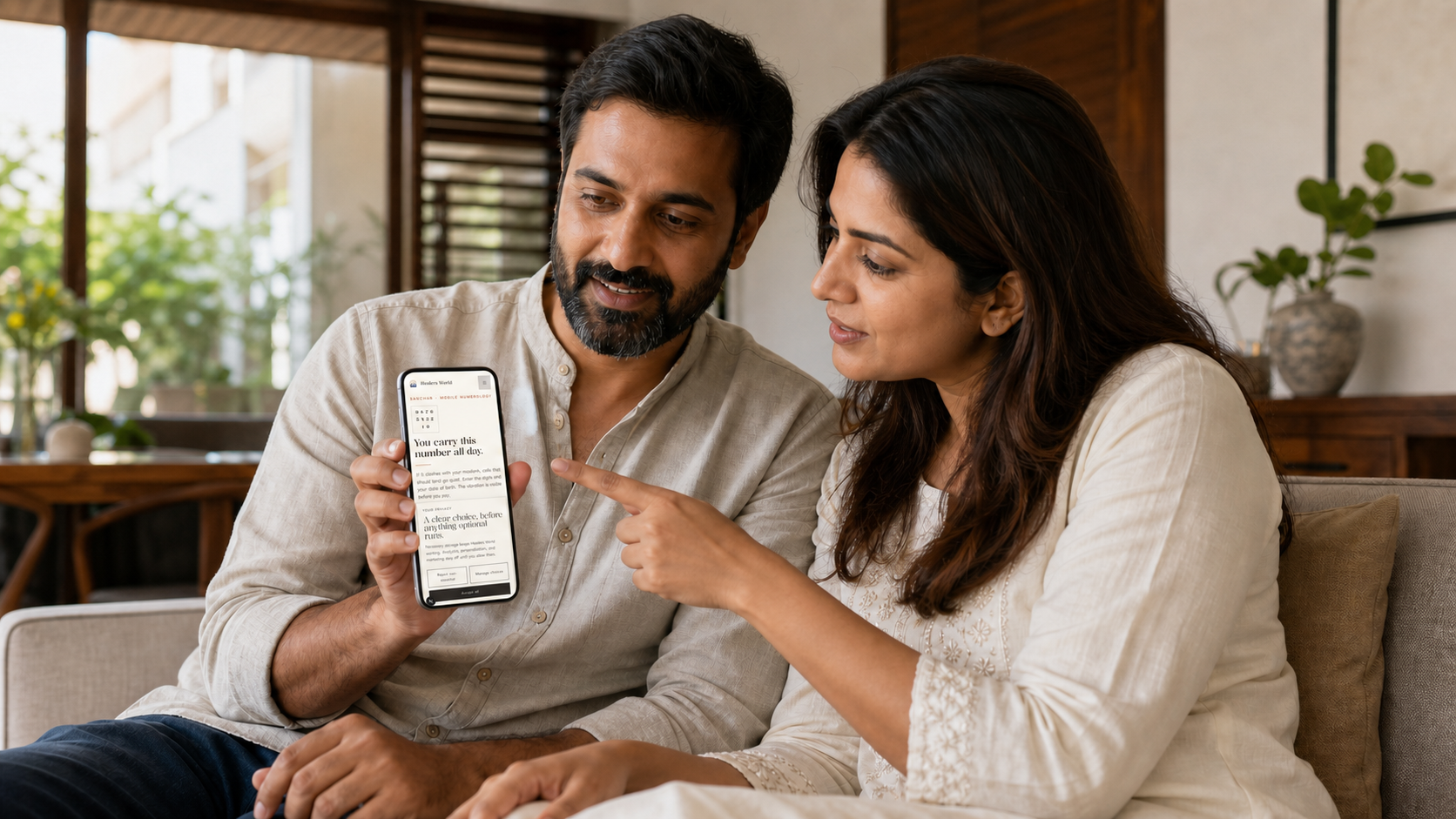 An Indian couple reviewing Healers World number guidance together