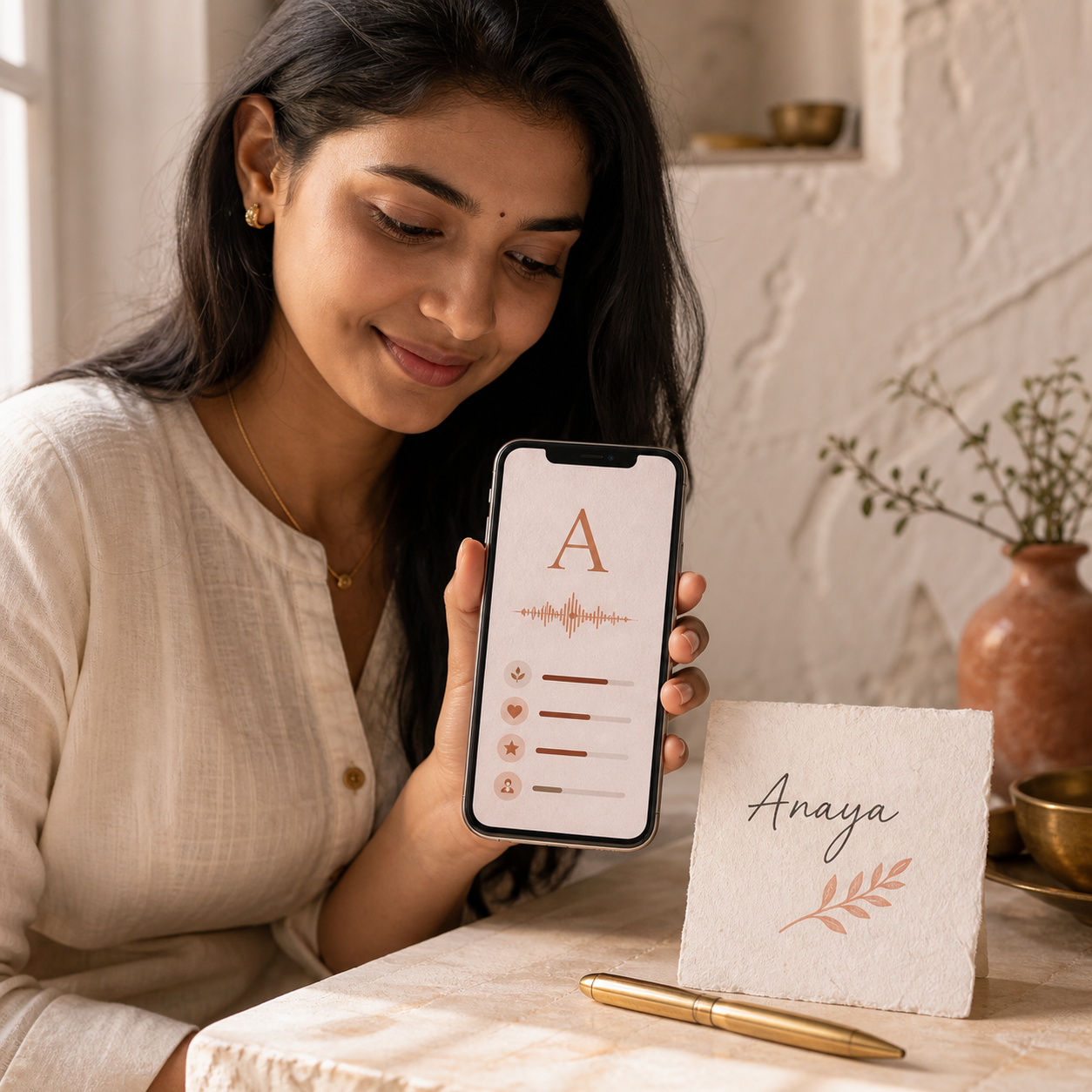 An Indian woman viewing her Akshara name and sound profile
