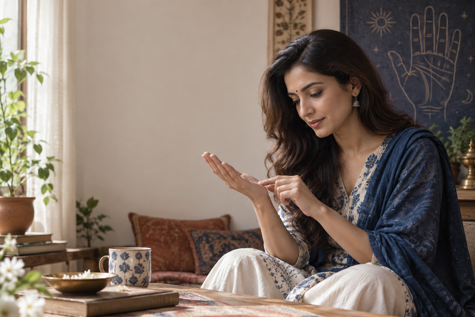 A woman looking closely at the lines of her open palm