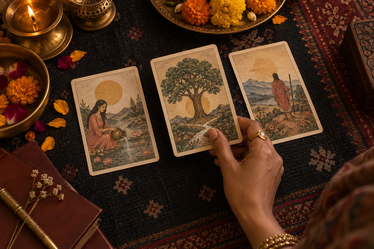 A restrained card spread arranged for a deliberate reading