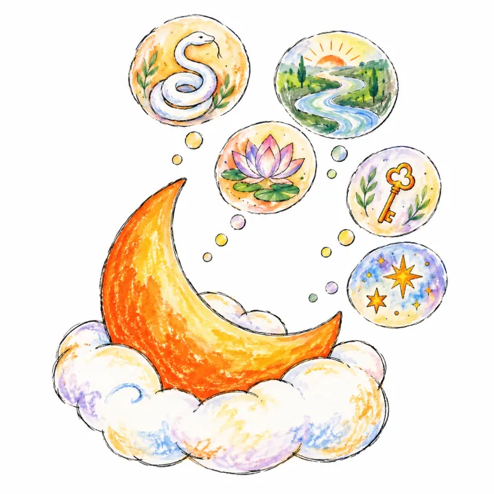 A crescent moon on a cloud with dream bubbles of a snake, a river, a lotus and a key