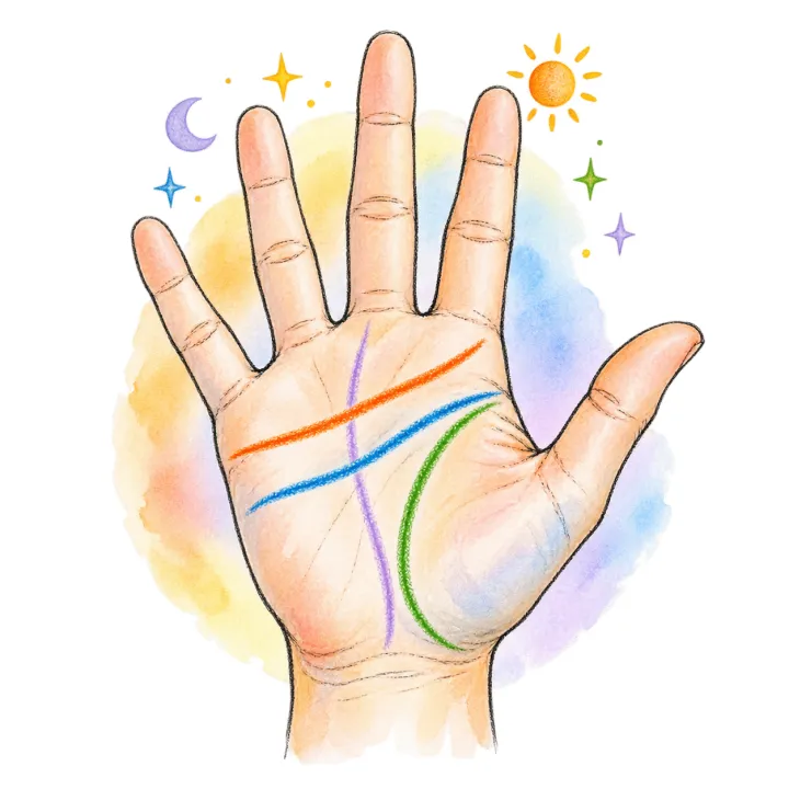 A hand-drawn open palm with its lines traced in crayon