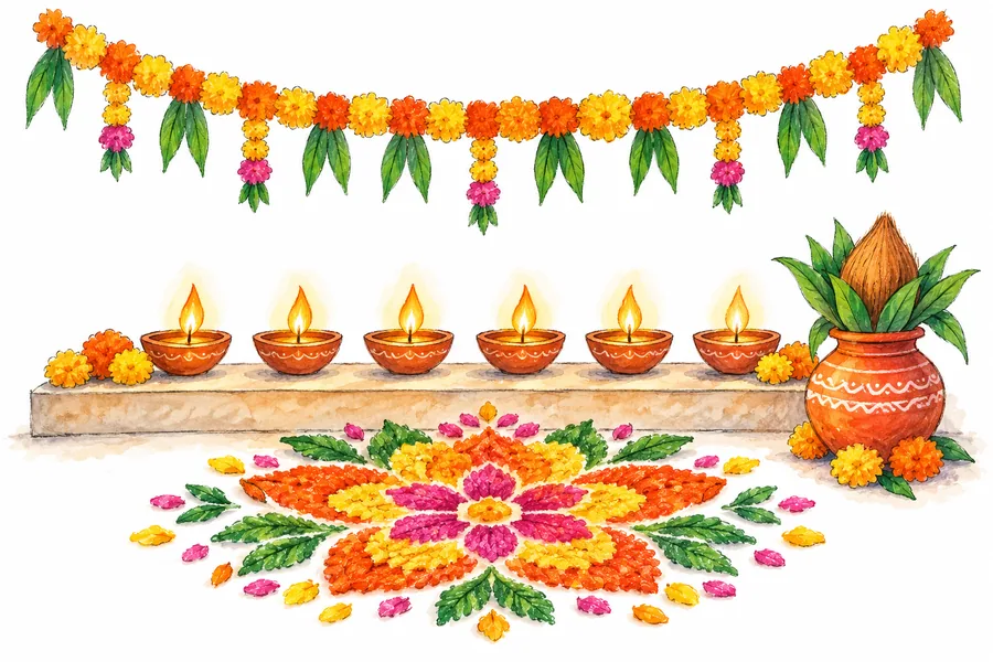 Lit clay diyas along a doorstep above a marigold and kumkum rangoli, with a flower garland and a kalash