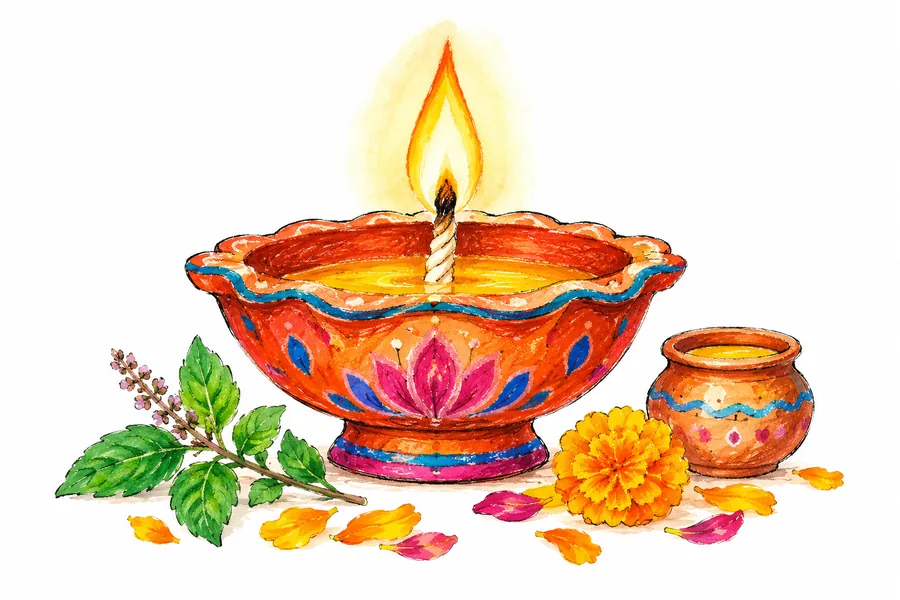 A large painted clay diya with an upright flame, a pot of ghee, a tulsi sprig and marigold petals
