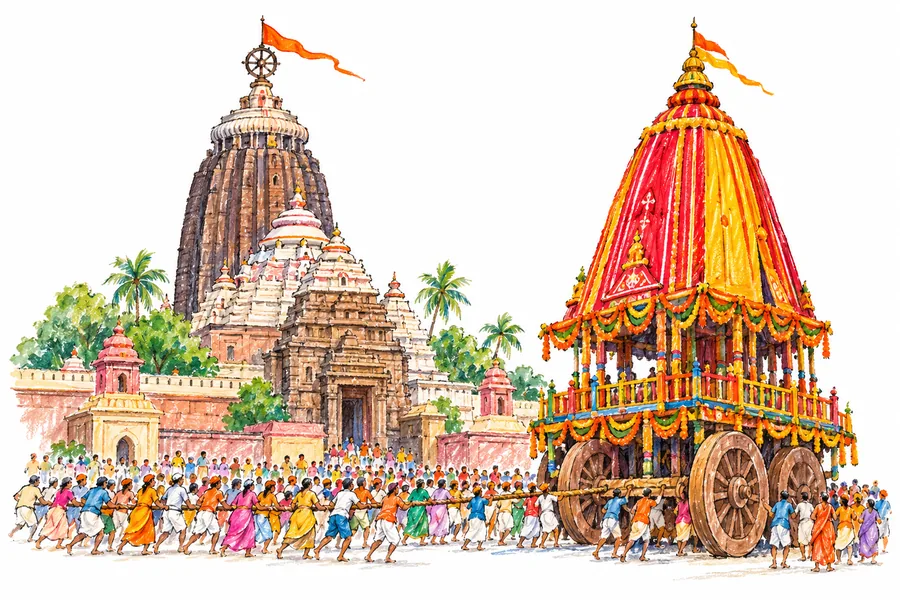 The Puri temple spire with its wheel and orange flag beside a huge festival chariot pulled by a crowd