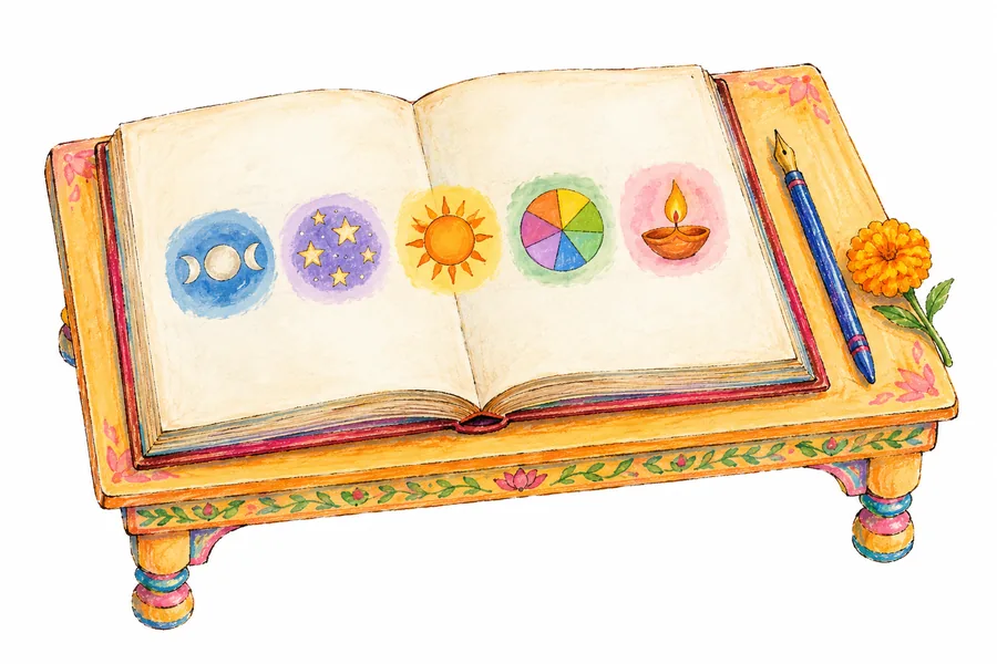 An open almanac on a low desk with five symbols: moon phases, stars, a sun, a wheel of the week and a diya