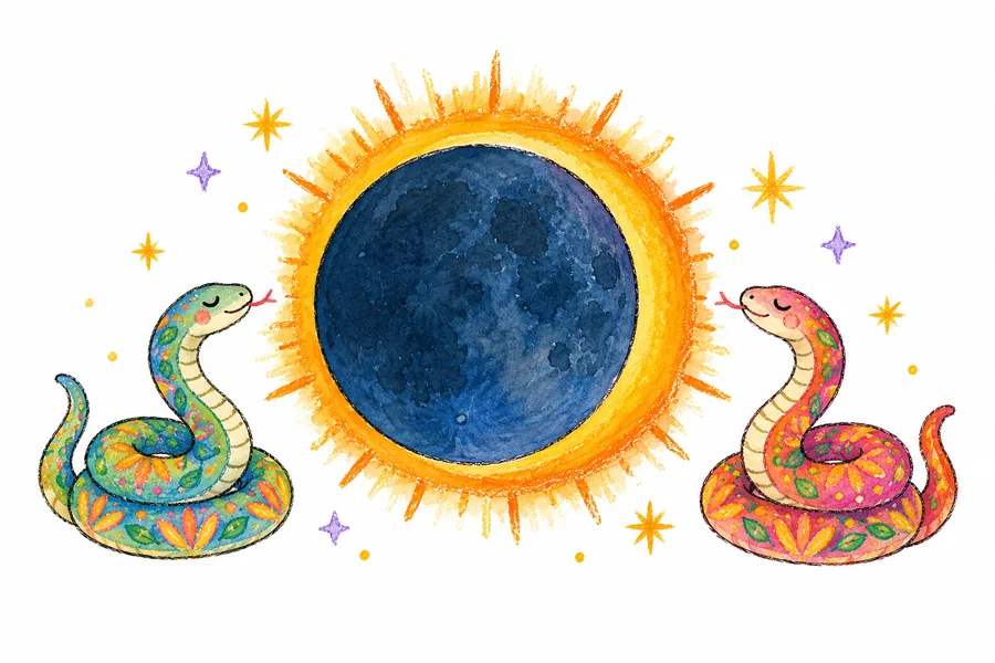 A calm solar eclipse ring with two small friendly coiled snakes facing the sun