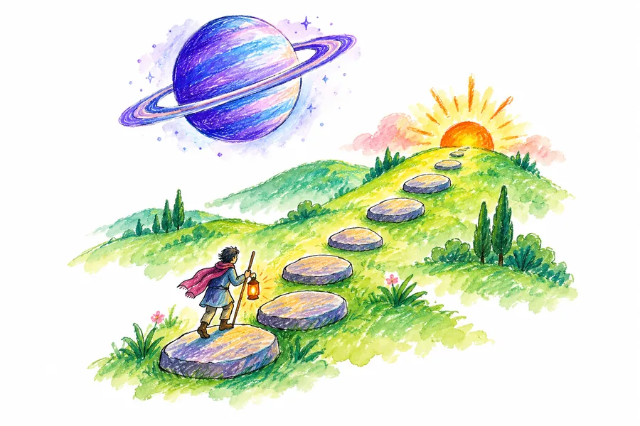 Saturn above a path of seven and a half stepping stones climbing towards a rising sun, a walker carrying a lamp