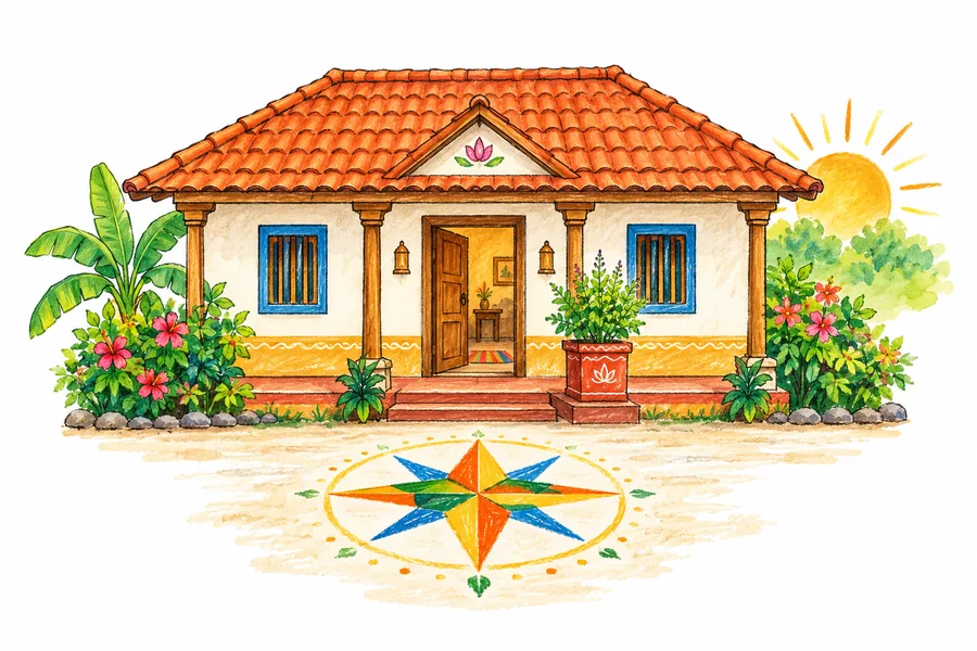 A single-storey Indian home with a tulsi plant at the door and an eight-direction compass rose painted on the ground