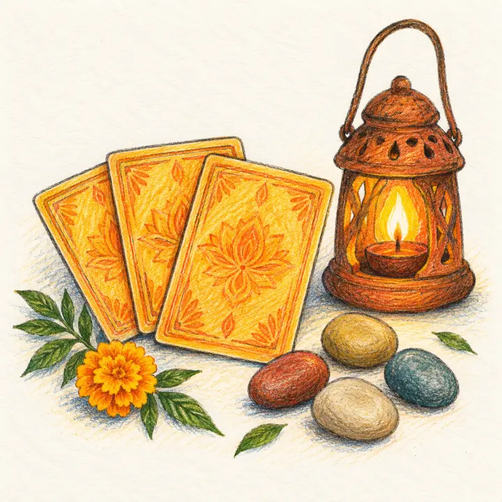 Three golden cards, a lit lantern and smooth rune stones among marigolds, drawn in crayon