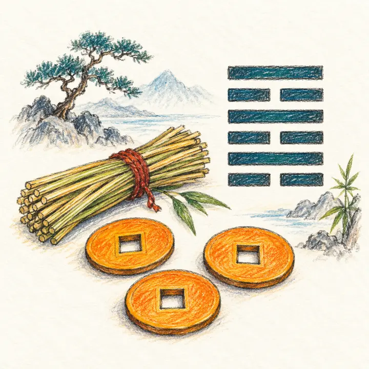 Three bronze coins, a bundle of yarrow stalks and a hexagram before misty mountains, drawn in crayon