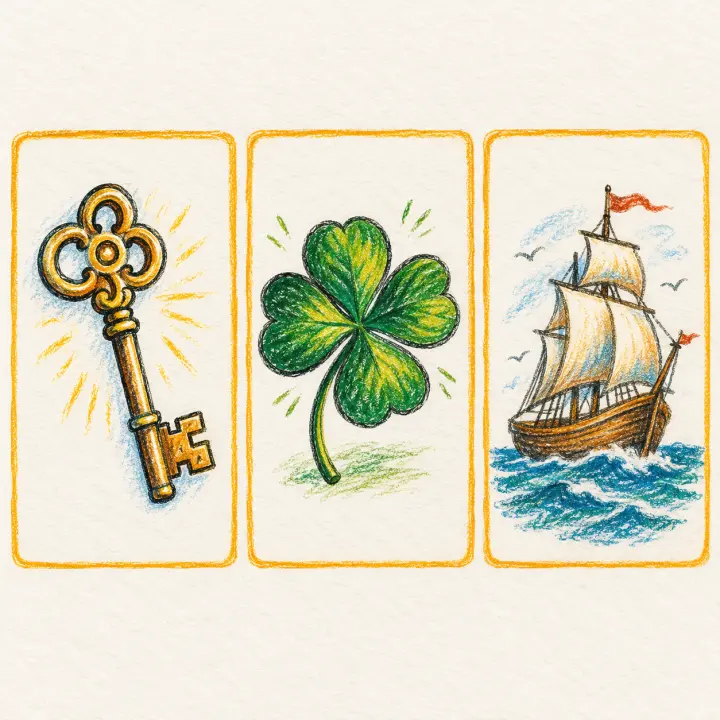 Three Lenormand cards, the Key, the Clover and the Ship, drawn in crayon