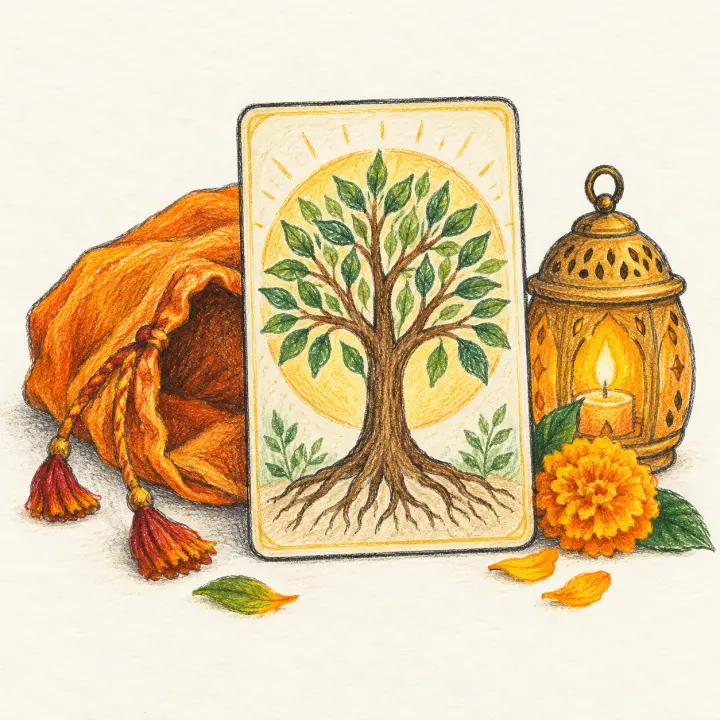 An oracle card with a tree of life beside a cloth bag, a lit lantern and marigolds, drawn in crayon