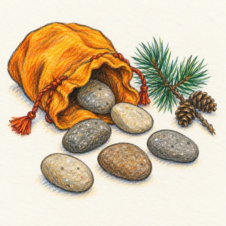 Smooth rune stones spilling from a saffron cloth bag beside a pine sprig, drawn in crayon