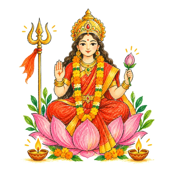 தாமரையில் மாதா துர்க்கை, நீர்வண்ணப்பம்
