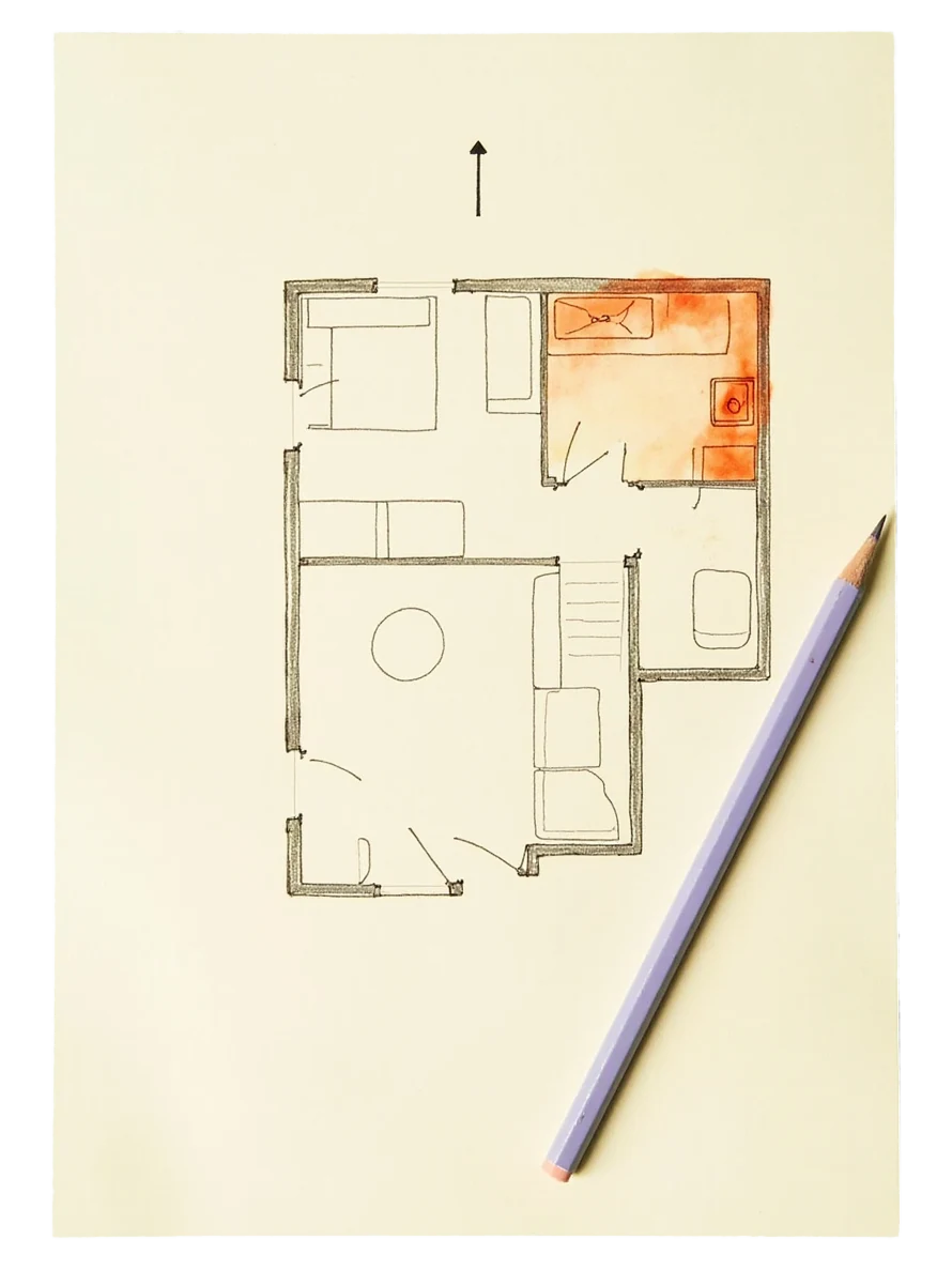 Hand-drawn floor plan with north marked and the north-east kitchen highlighted