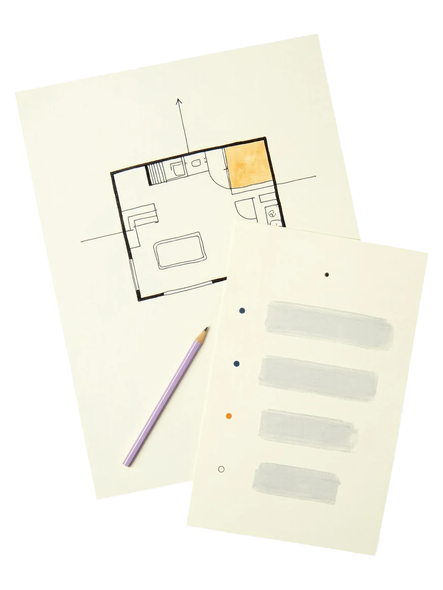 Illustrated floor-plan workflow: add a plan, confirm rooms and north, then review room-wise findings