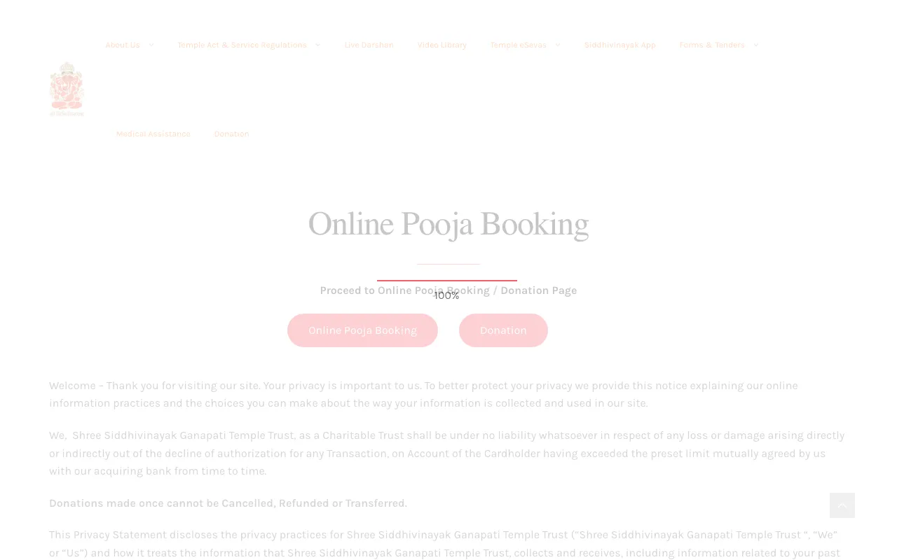 Screenshot of Siddhivinayak Temple's official booking page, captured Sep 28, 2026