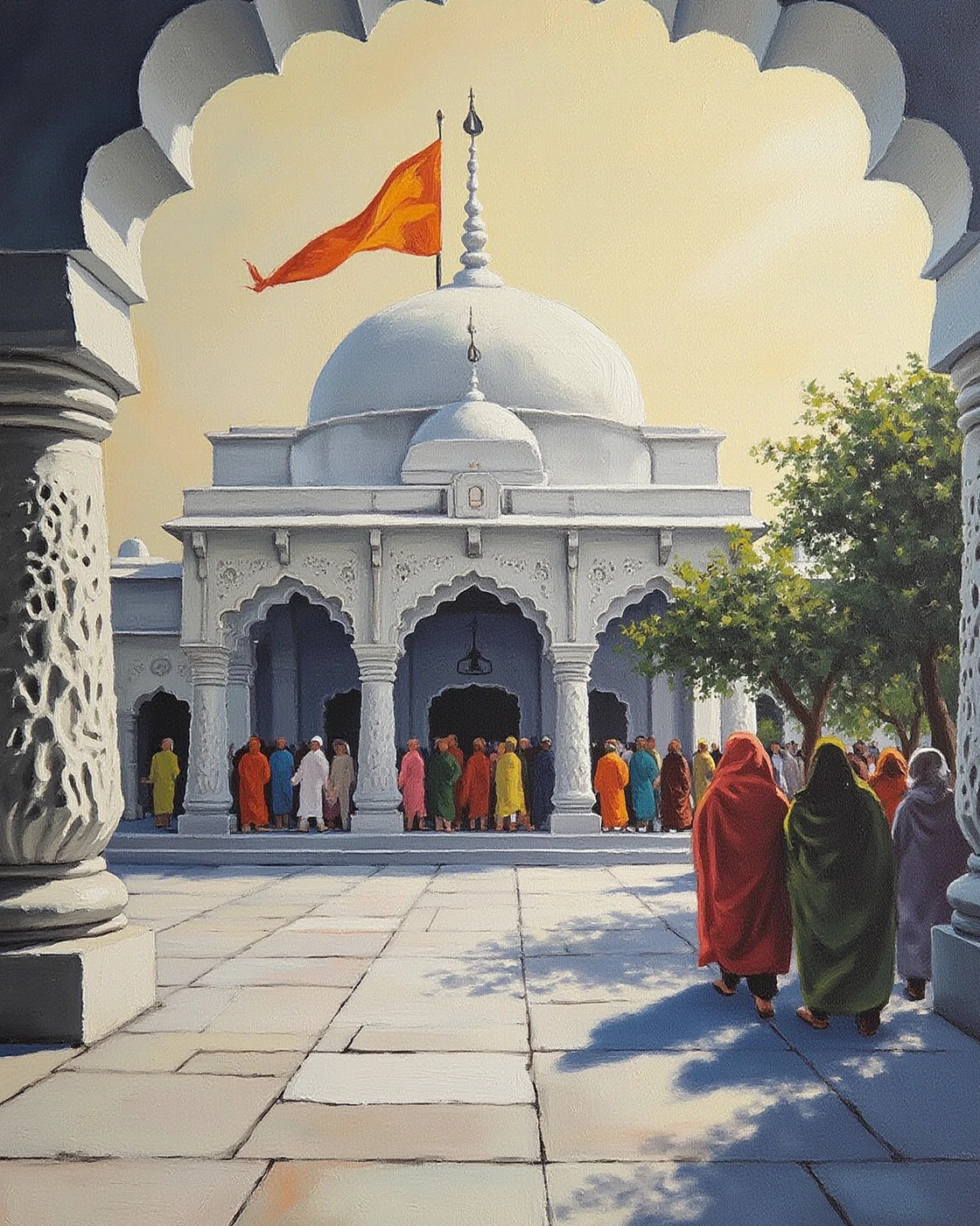 Illustration of a temple entrance and visitor queue