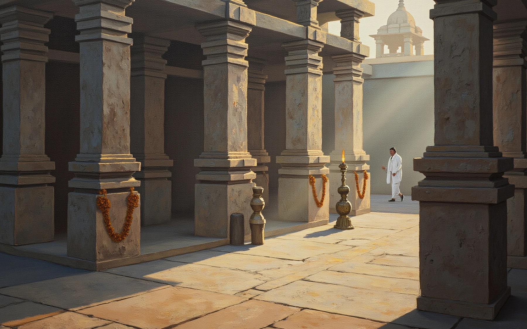 An Indian temple courtyard at dawn